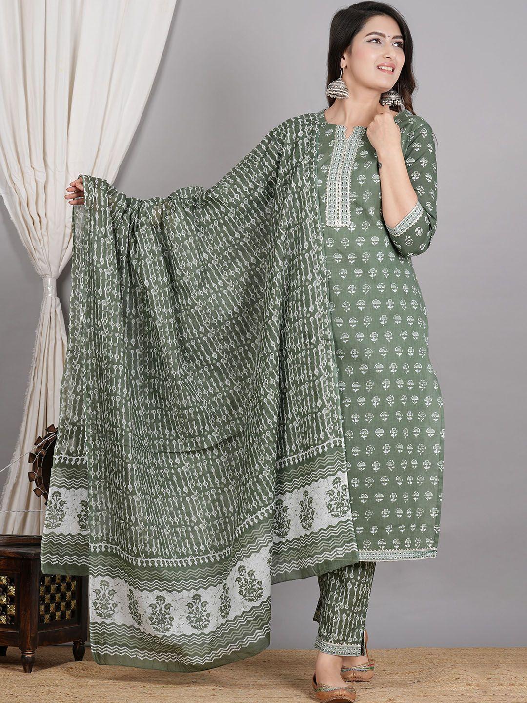 zoyoto ethnic motifs printed pure cotton straight kurta with trousers & dupatta