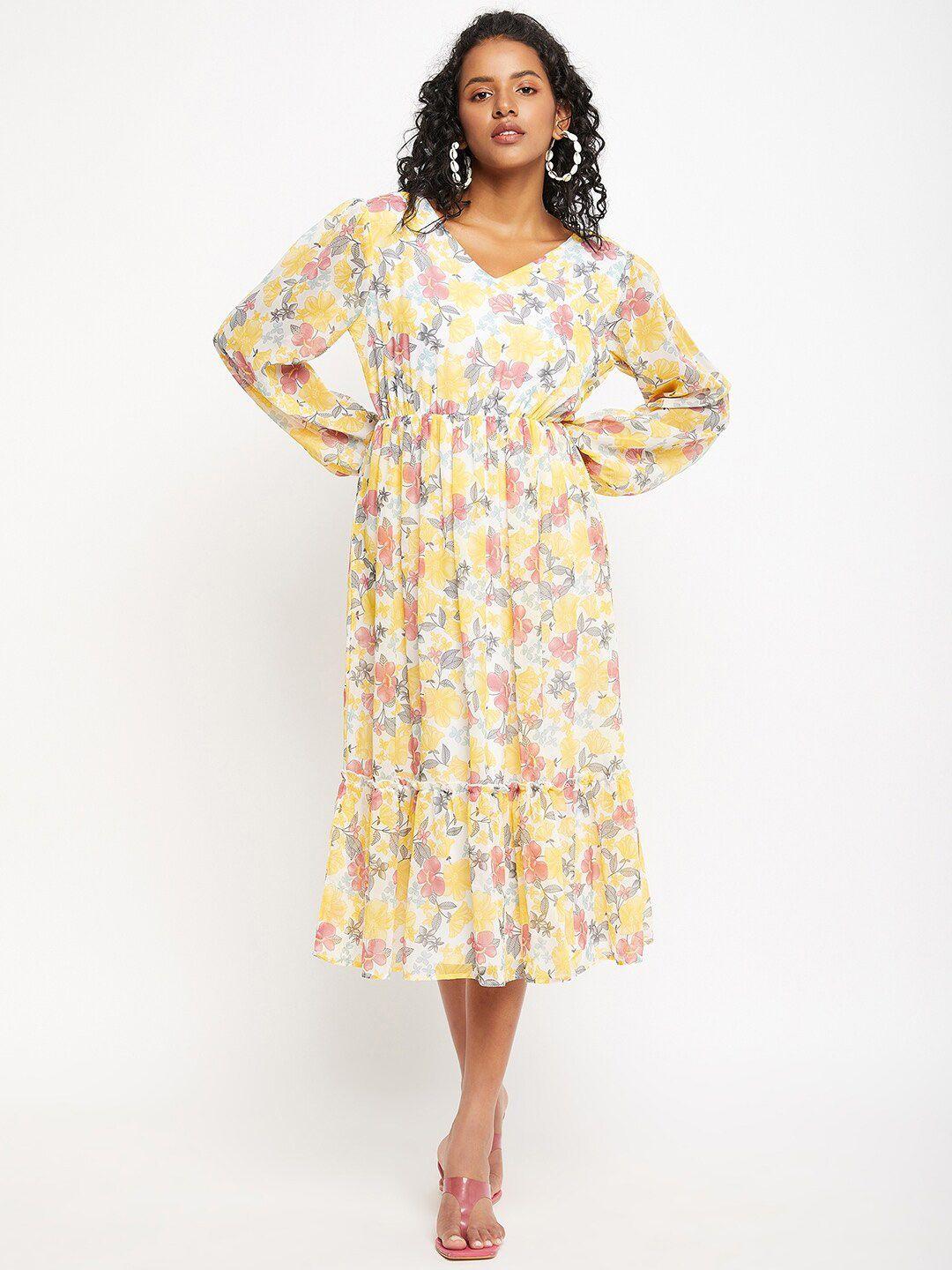 bitterlime floral printed puff sleeves georgette a-line midi dress