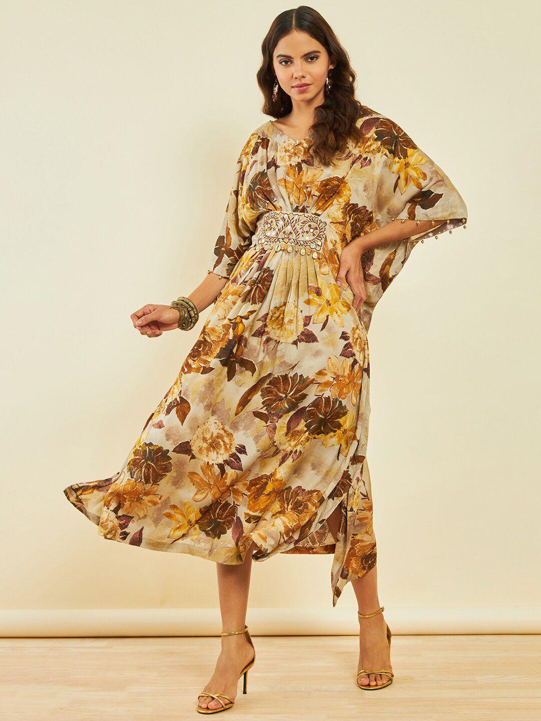 soch floral print beads and stones a-line midi dress