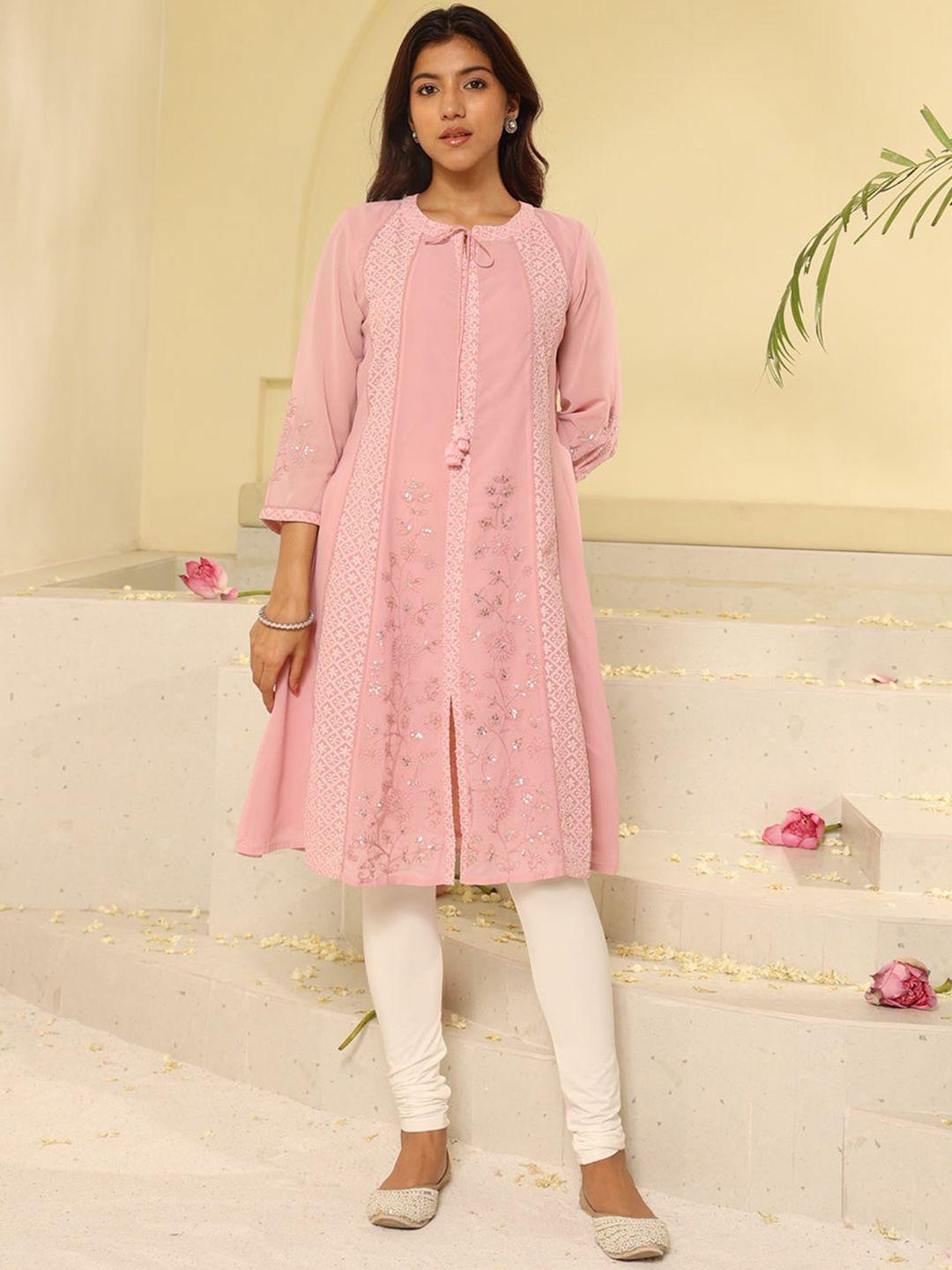 lakshita floral chikankari embroidered tie up neck a-line georgette kurta