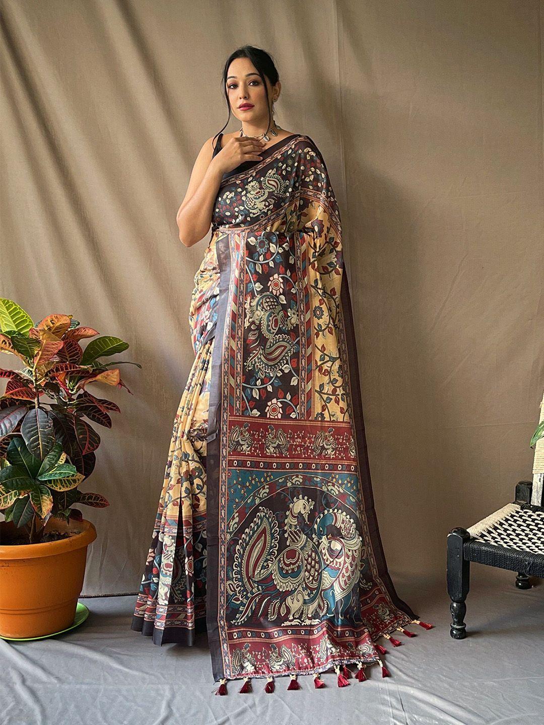 munir kalamkari printed pure cotton ikat saree