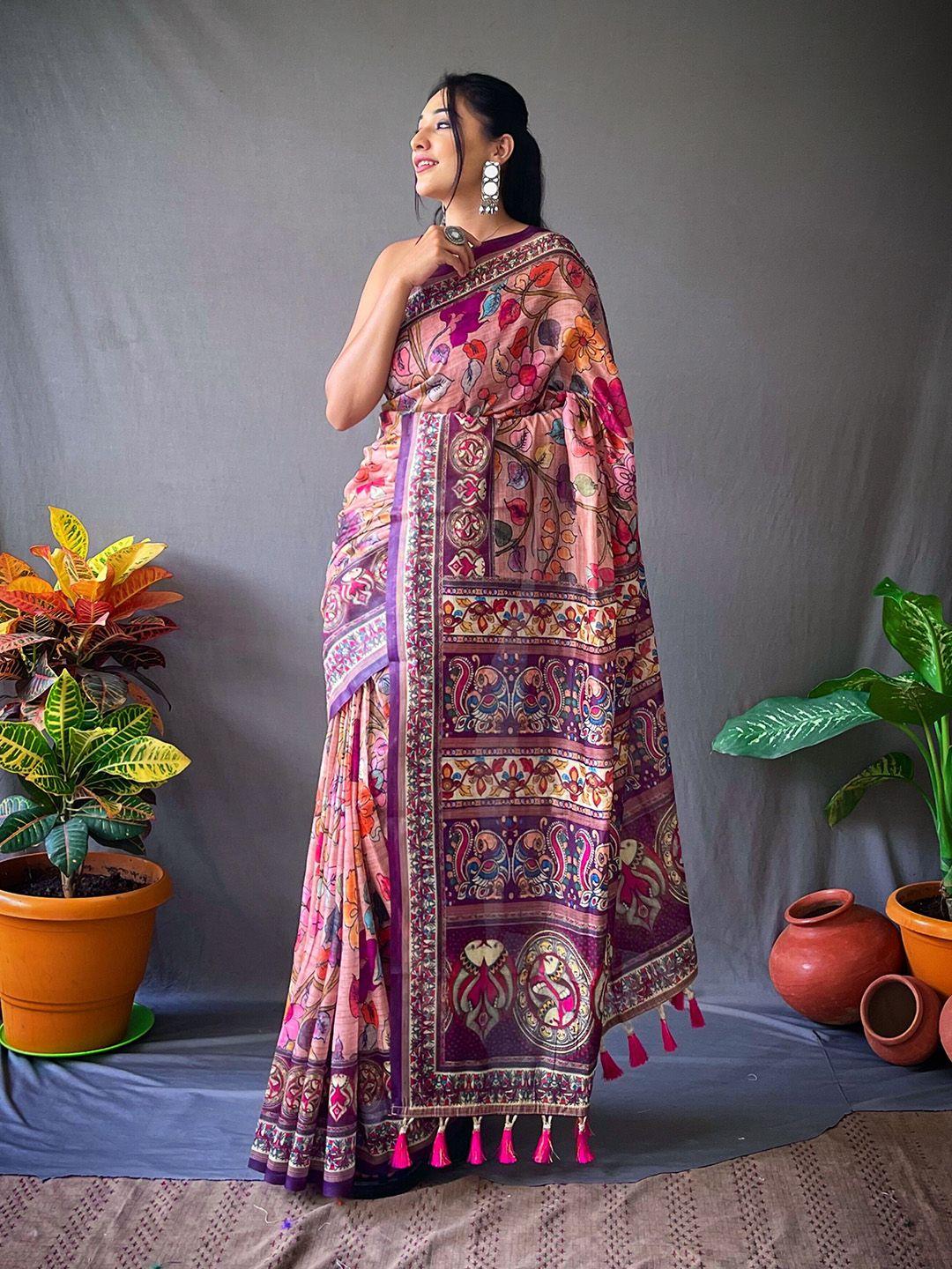 munir kalamkari printed pure cotton ikat saree