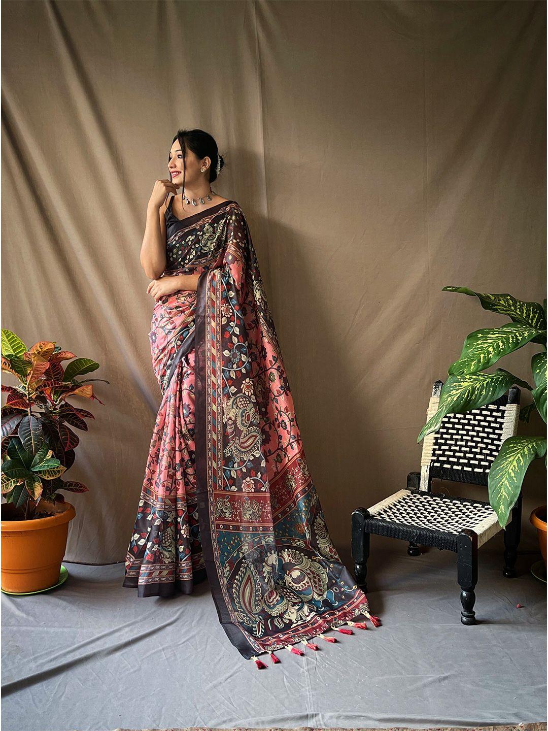 munir kalamkari printed pure cotton ikat saree