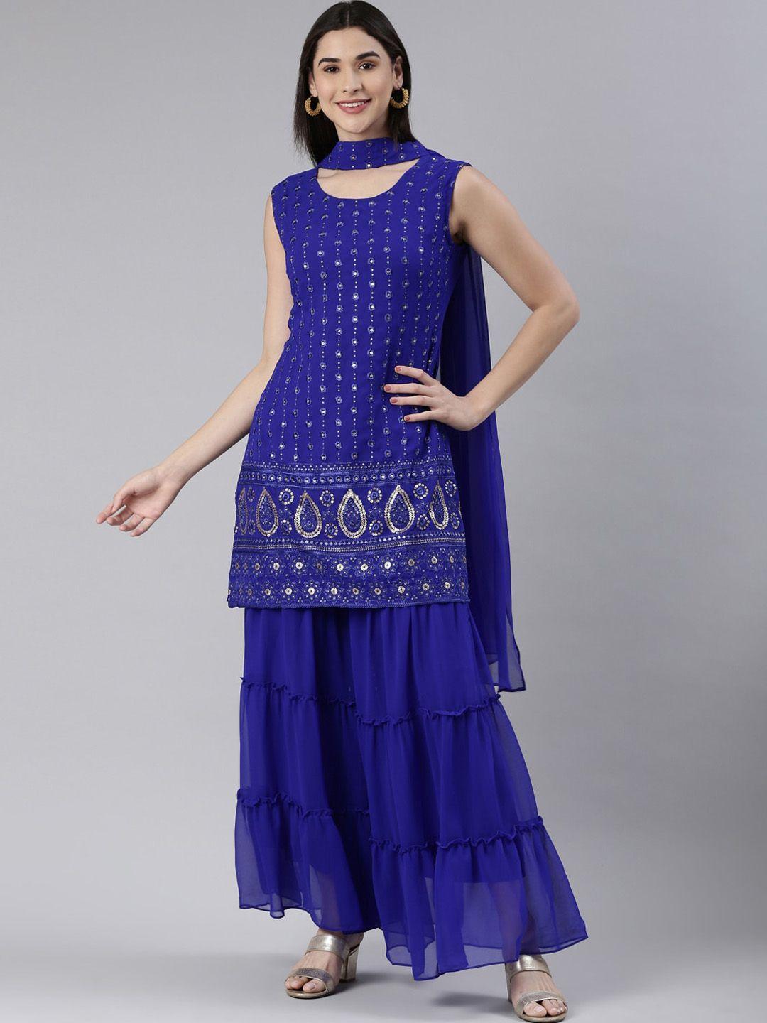 black scissor ethnic motifs embroidered sequinned straight kurta & sharara with dupatta