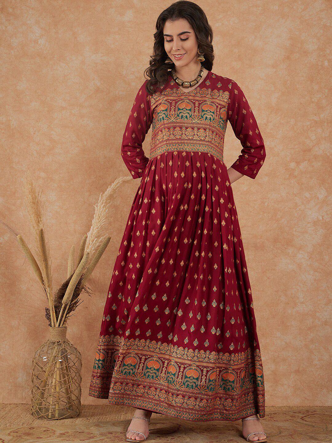 sangria maroon ethnic motifs printed v-neck gathered maxi ethnic dress