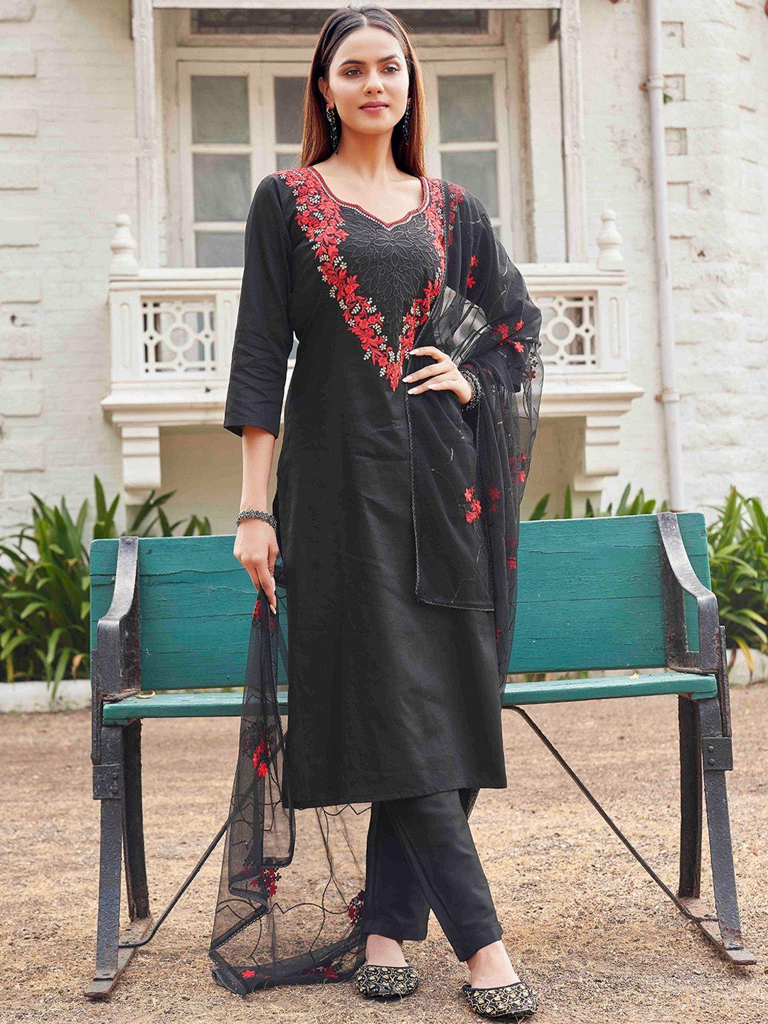 tikhi imli floral embroidered sweetheart neck thread work kurta with trousers & dupatta