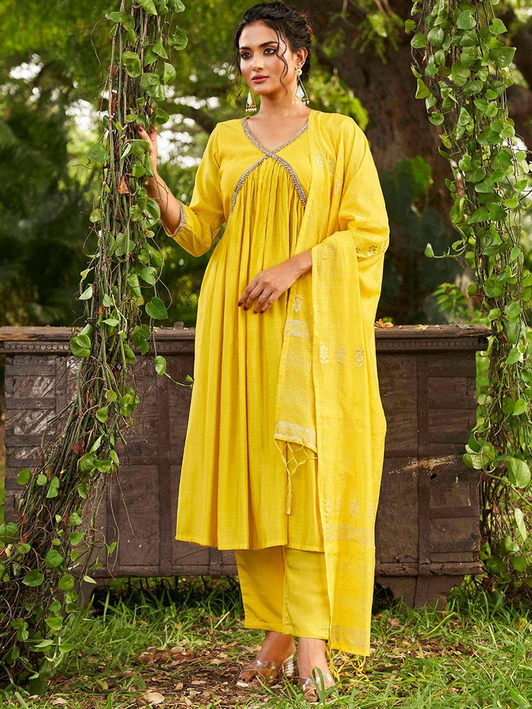 tikhi imli v-neck empire beads and stones a-line kurta with trousers & dupatta