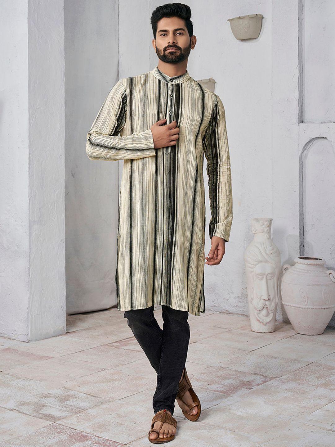 inddus striped band collar pure cotton straight kurta