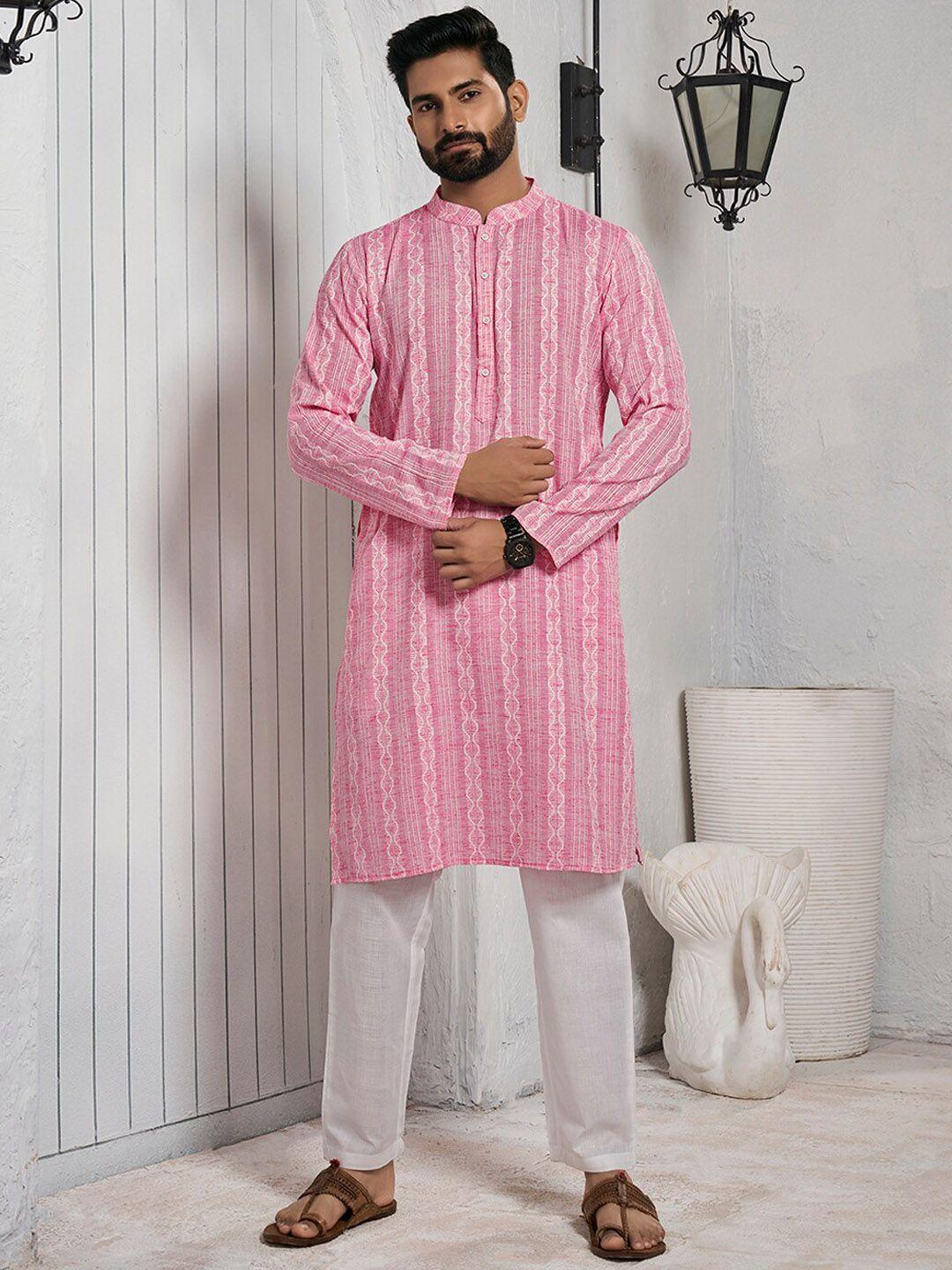 inddus striped mandarin collar cotton straight kurta