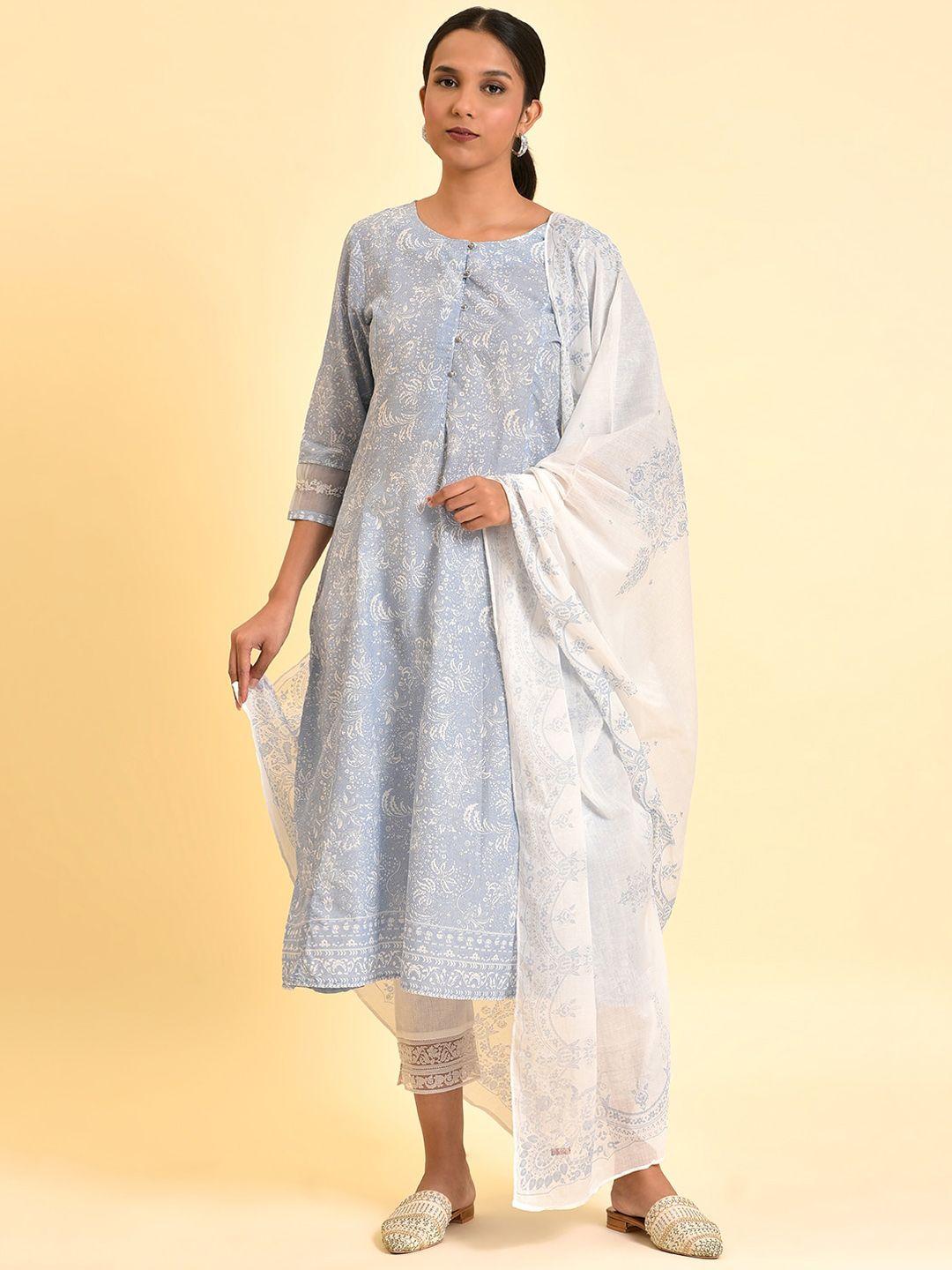 w floral printed panelled thread work pure cotton kurta with trousers & dupatta