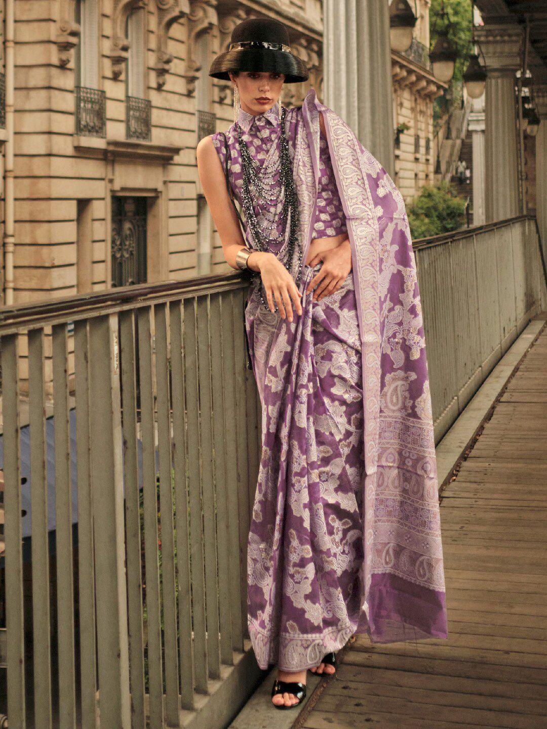 mitera mauve & silver-toned ethnic motifs woven design zari organza muga saree