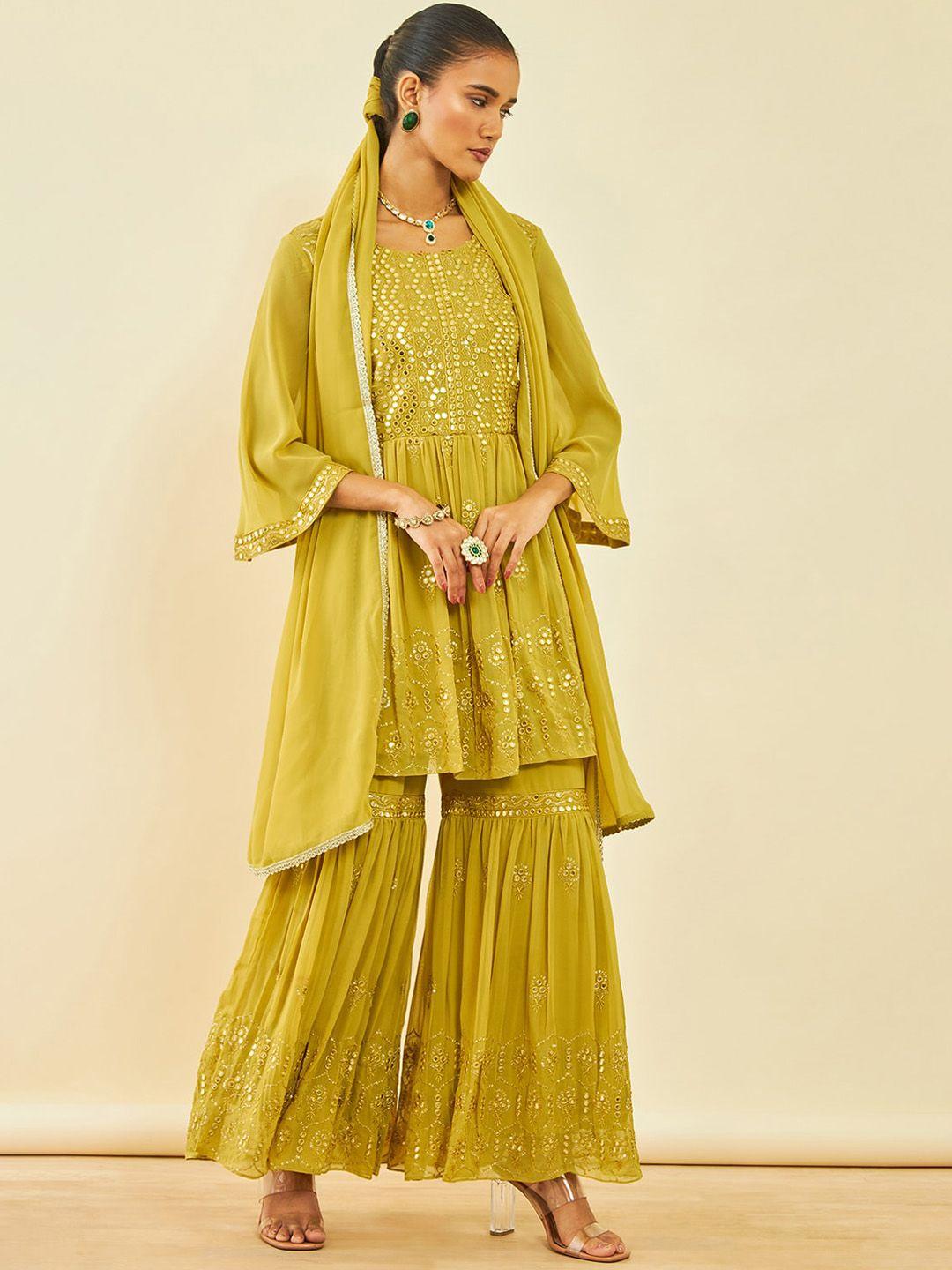 soch floral embroidered pleated mirror work kurta with sharara & dupatta