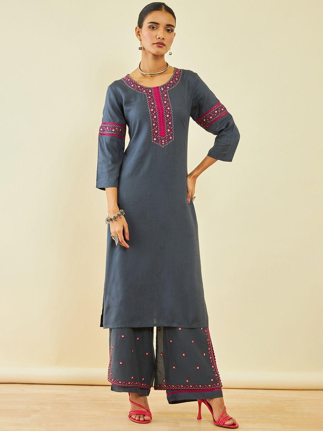 soch grey ethnic motifs yoke deign regular thread work kurta with palazzos