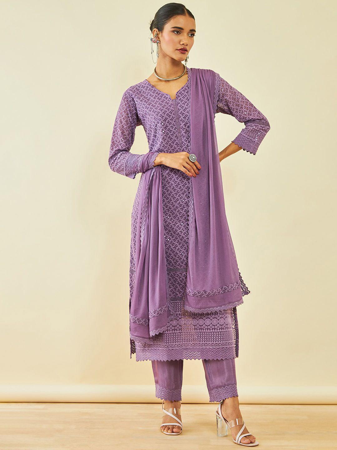 soch ethnic motifs embroidered straight kurta & trousers with dupatta