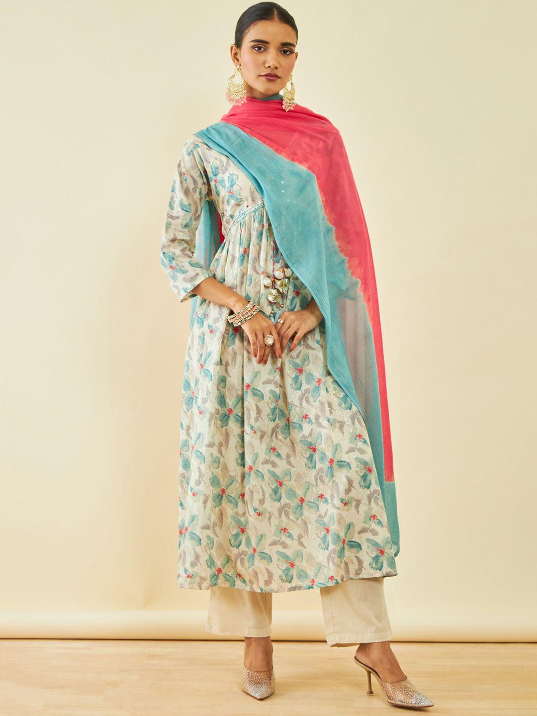 soch floral printed mirror work empire pure cotton anarkali kurta & trousers with dupatta