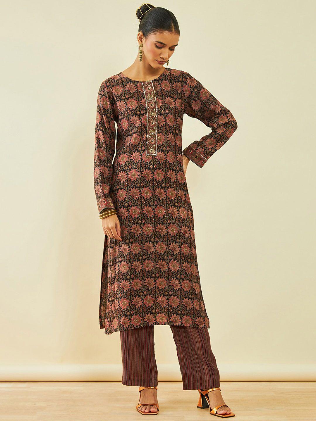 soch floral printed sequinned straight kurta with trousers