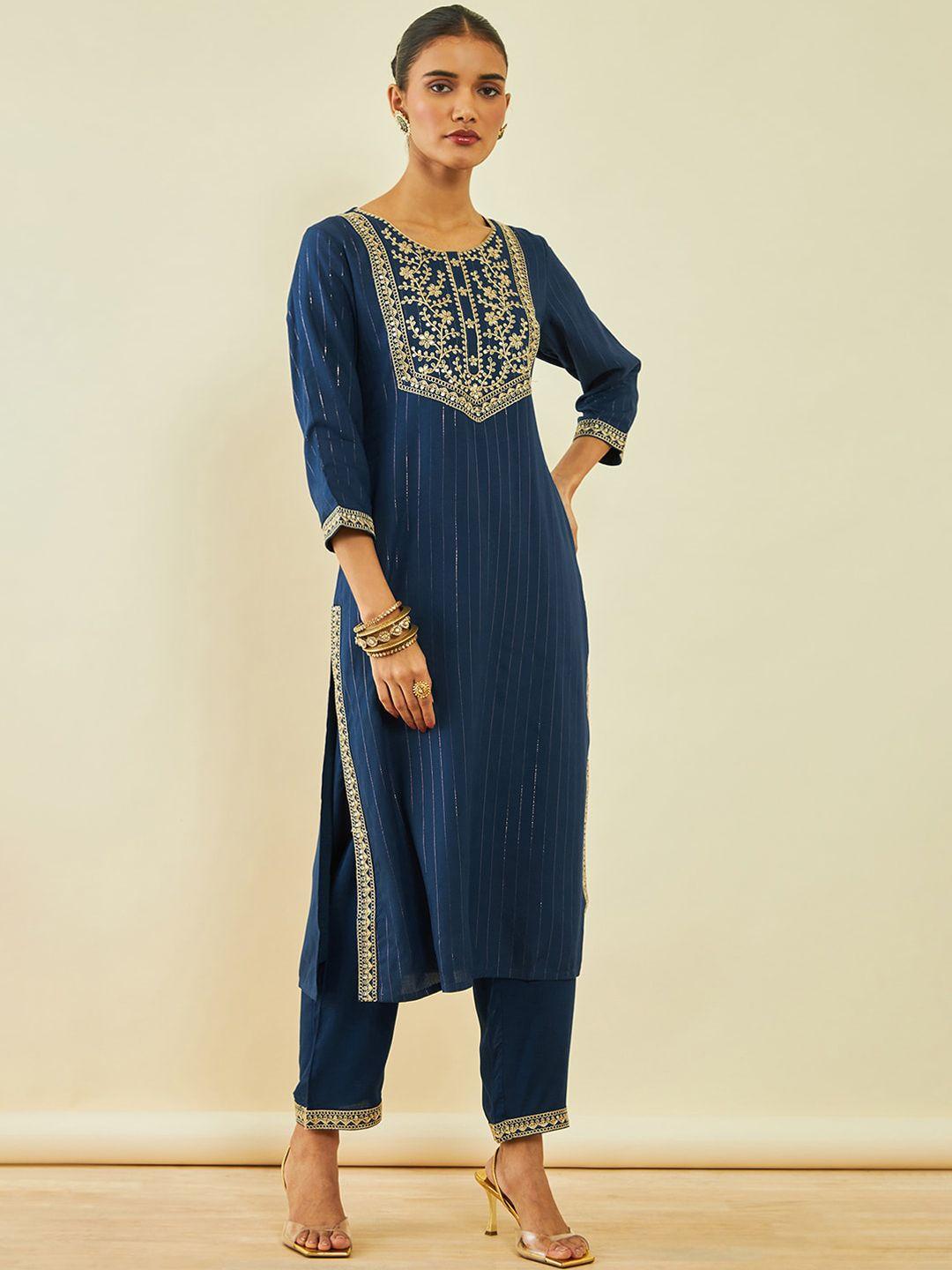 soch floral yoke design sequinned straight kurta with trousers