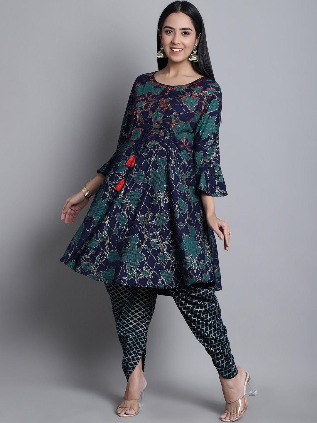 kalini floral printed thread work a-line kurta with dhoti pants