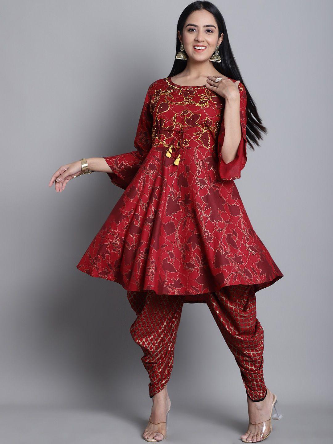 kalini floral printed thread work a-line kurta with dhoti pants