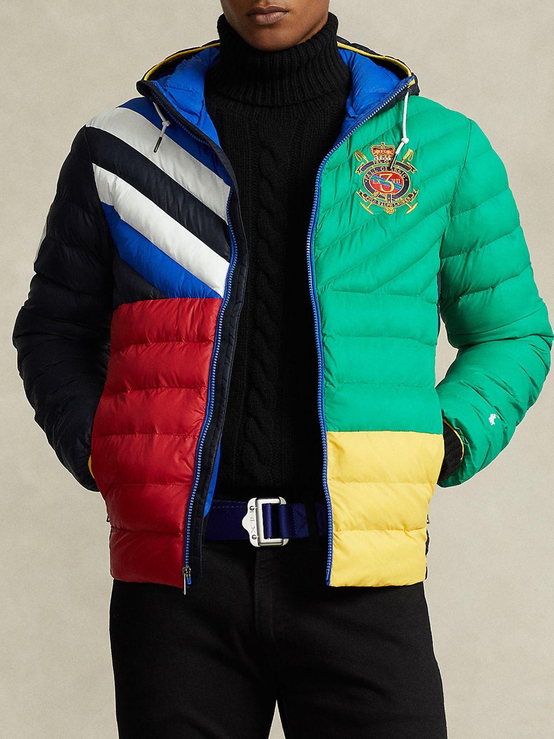 polo ralph lauren colourblocked water-repellent hooded puffer jacket