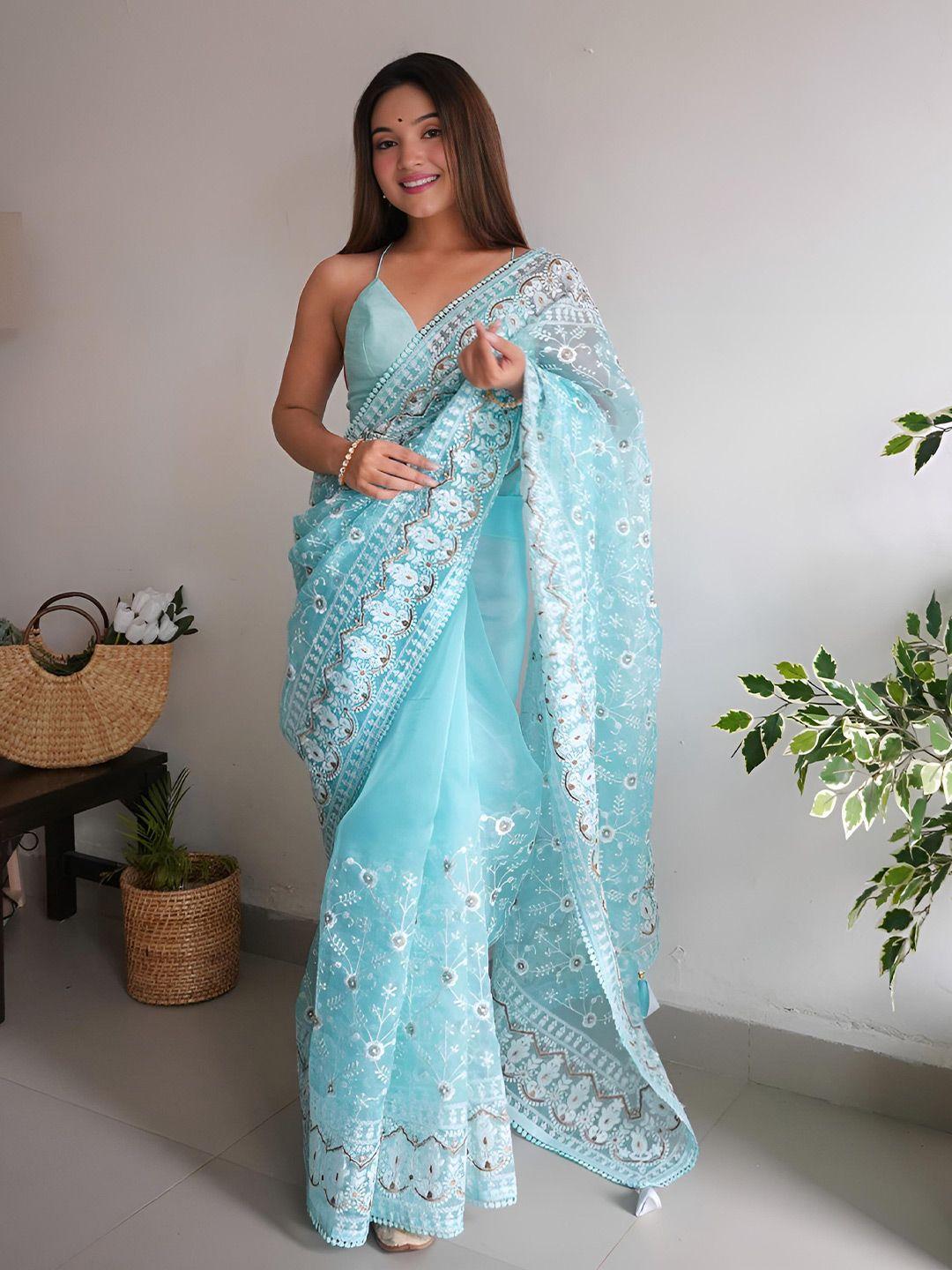 anouk blue & white floral embroidered organza saree