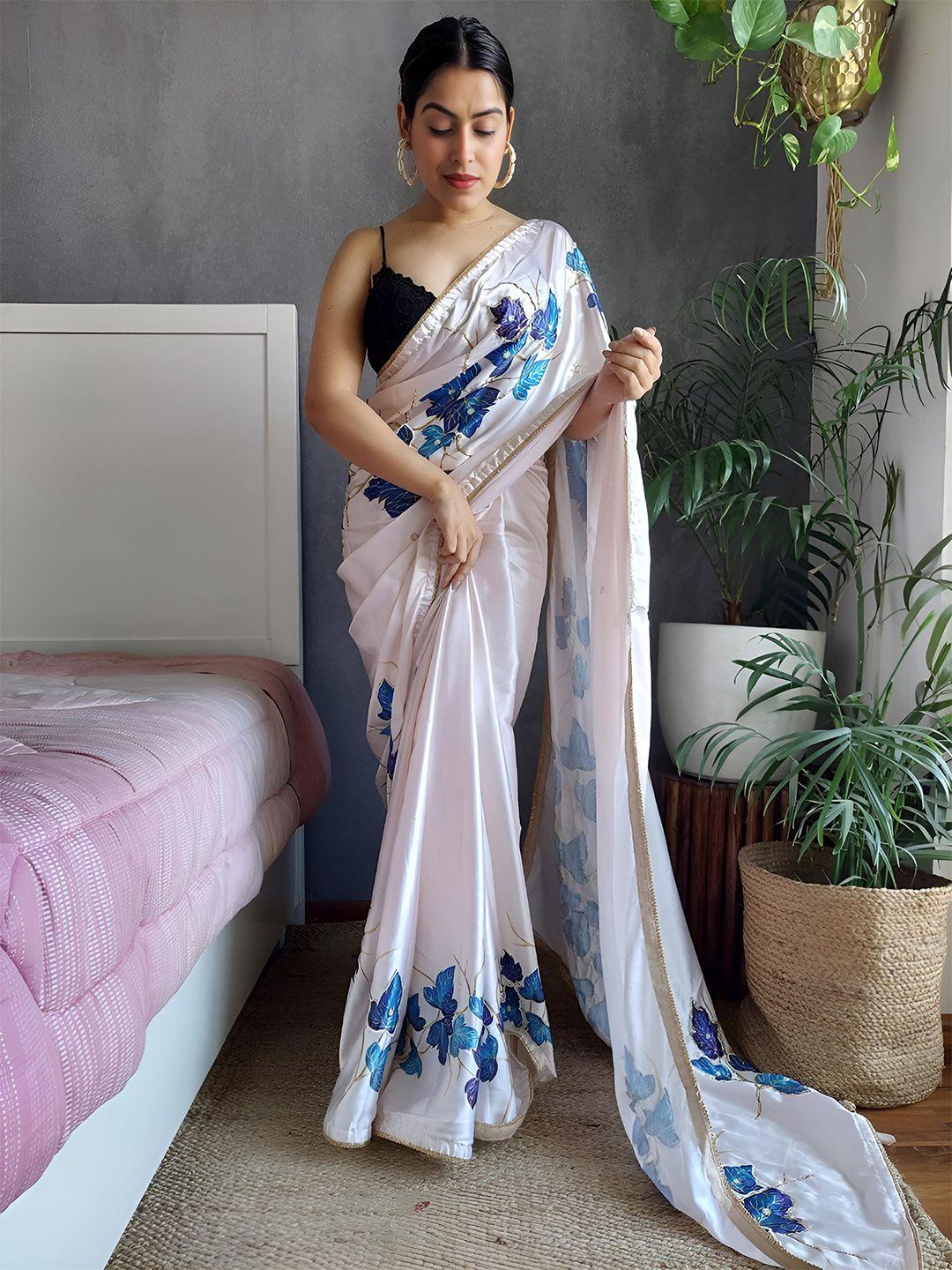 anouk cream-coloured & blue floral printed satin saree