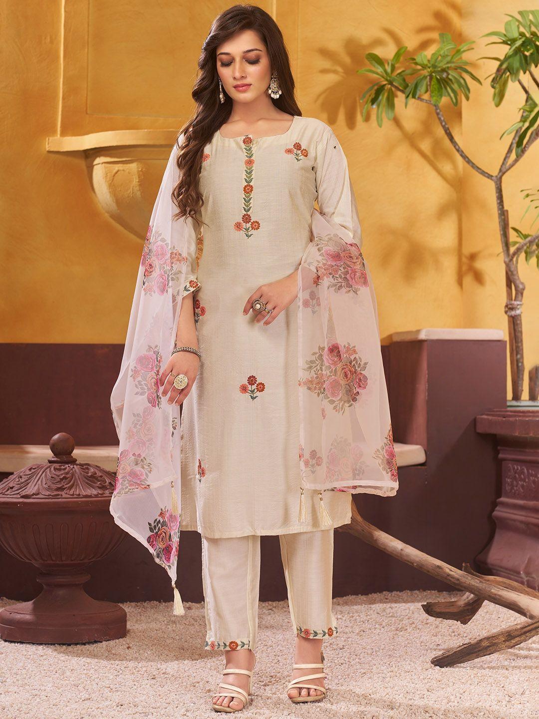 kalini floral embroidered regular thread work kurta with trousers & dupatta