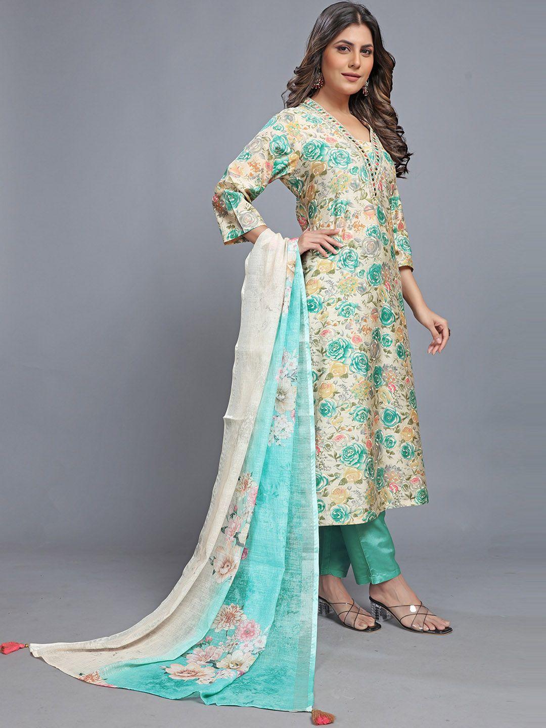 kalini floral printed regular sequined chanderi cotton kurta with trousers & dupatta