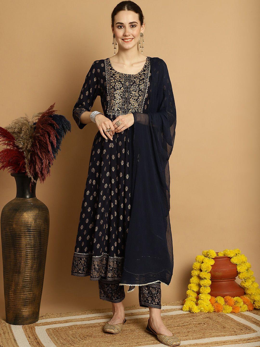 sangria black ethnic motifs printed mirror work anarkali kurta & trouser with dupatta