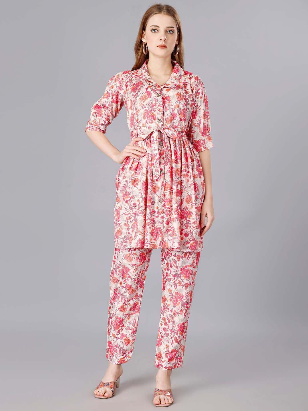 ekta textiles floral printed cuban collar tie-up tunic top with trousers