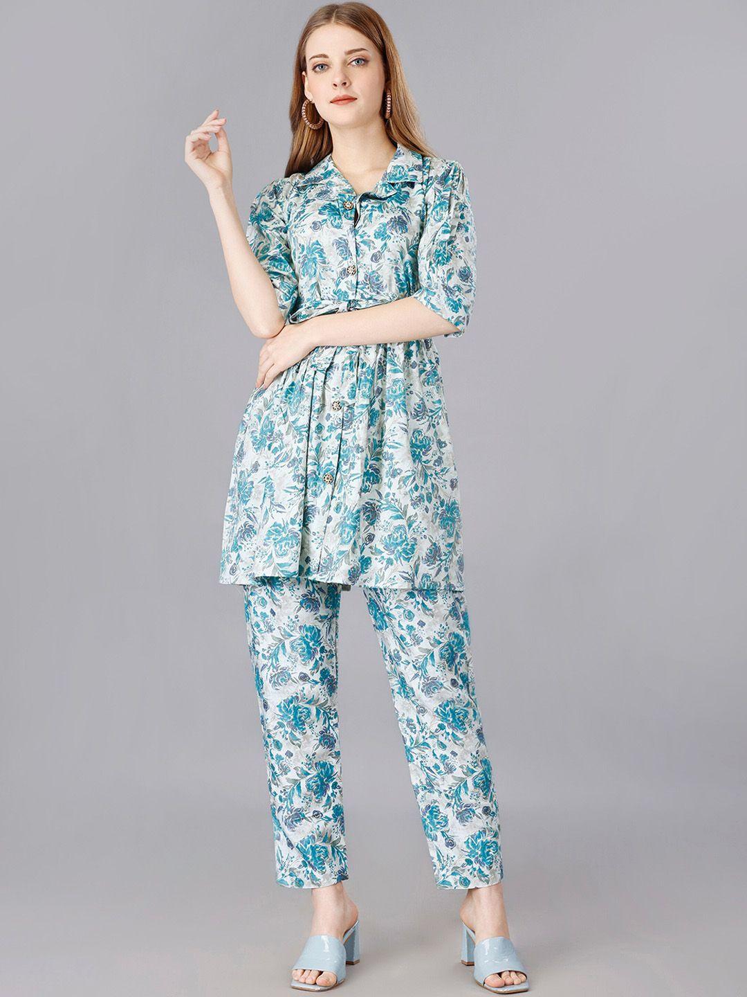 ekta textiles floral printed cuban collar tie-up shirt & trousers