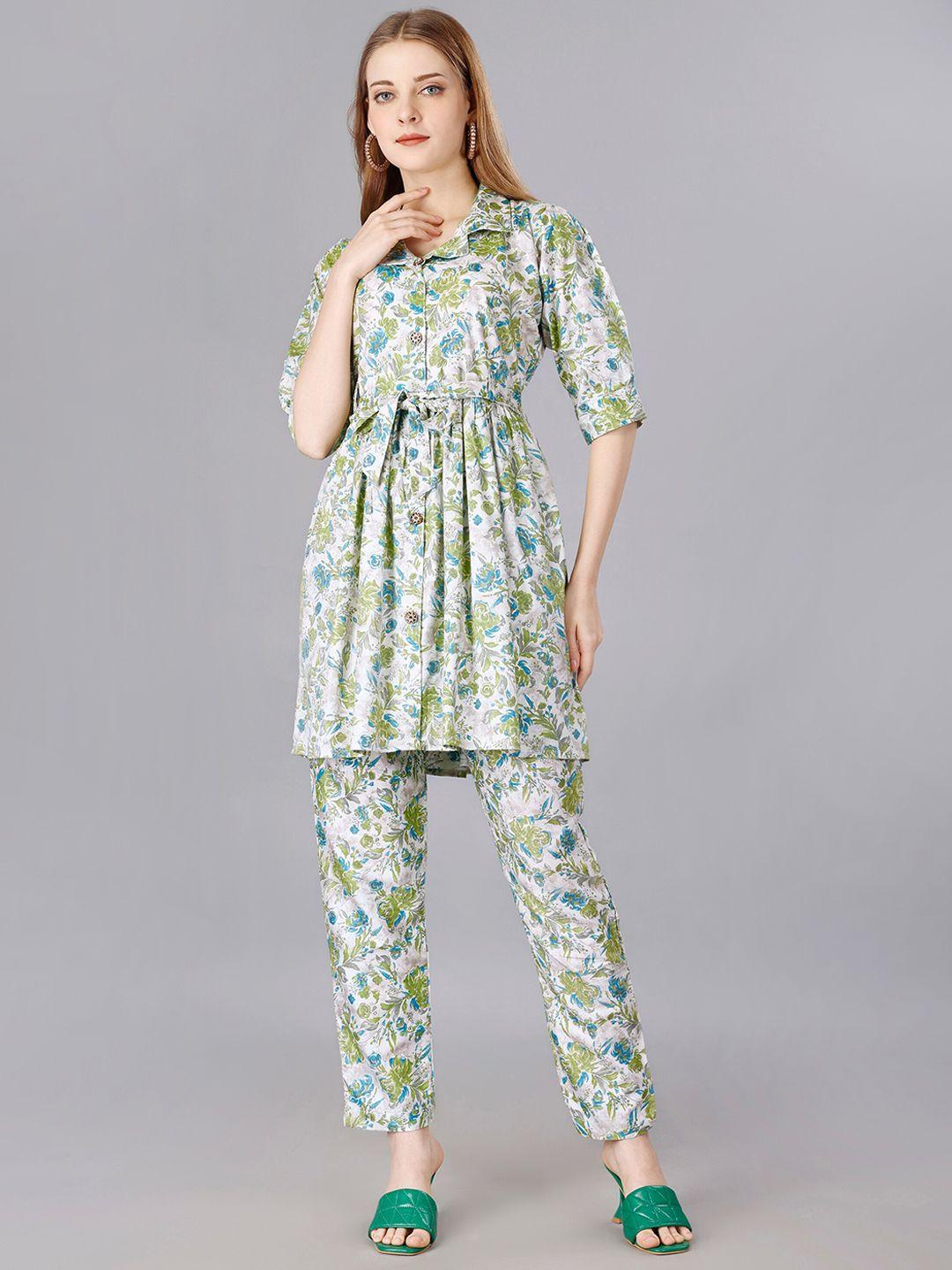 ekta textiles floral printed notched lapel collar tie-up shirt & trousers