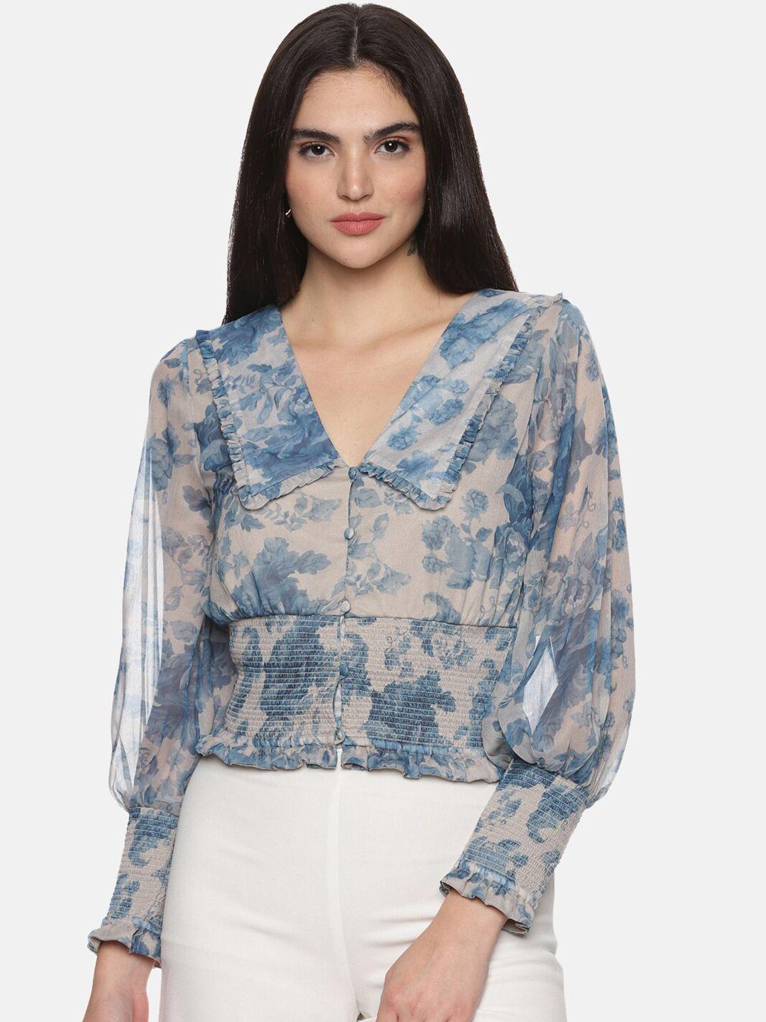 isu floral printed above the keyboard collar cuffed sleeves smocked chiffon top