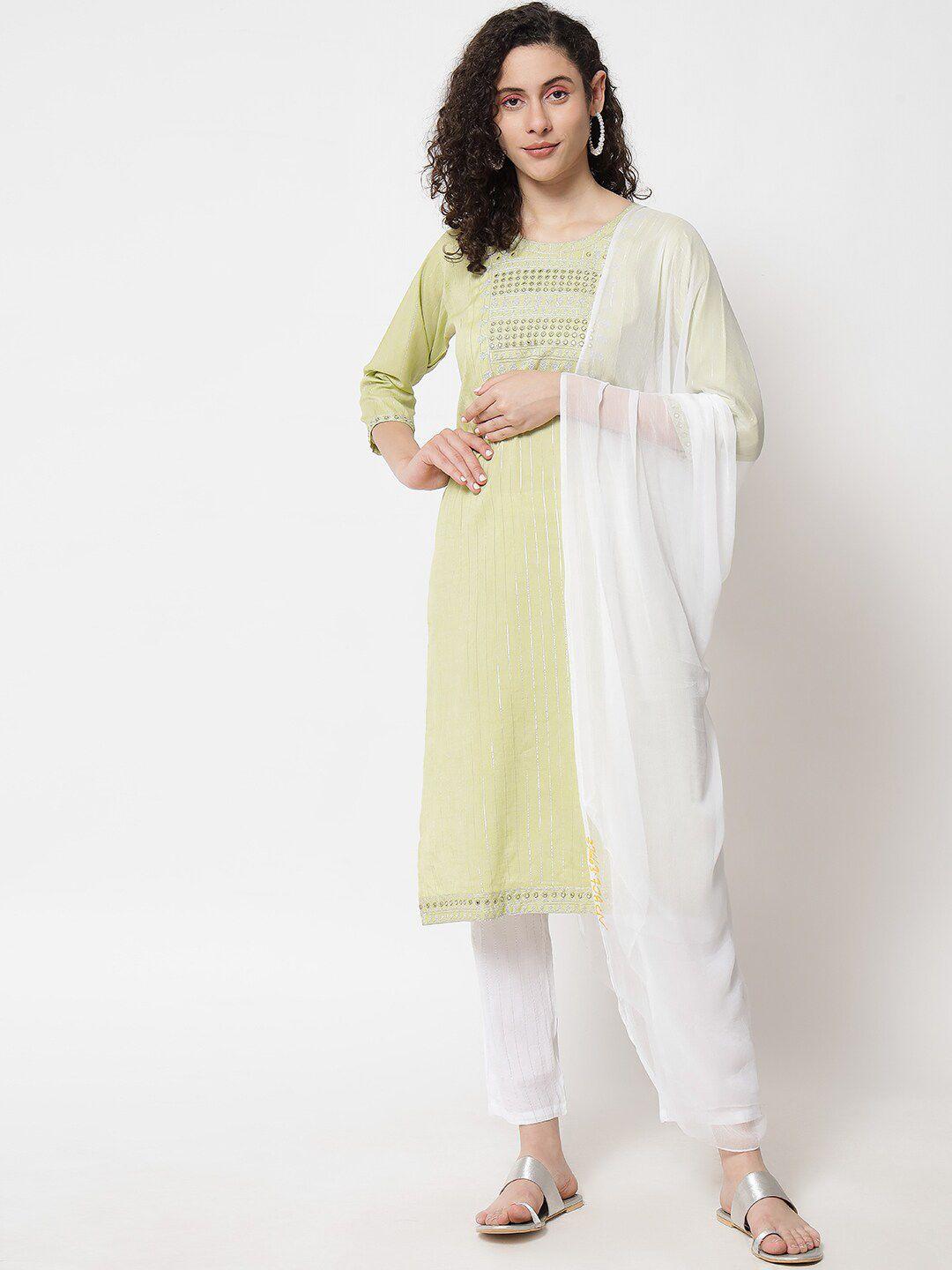 aayumi yoke design embroidered & mirror work kurta with trousers & dupatta