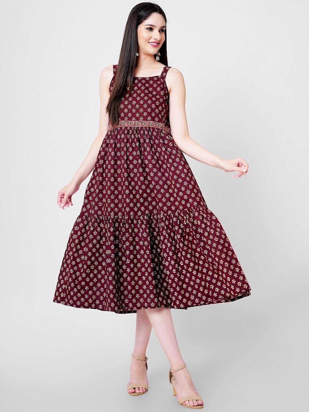 kalini floral printed tiered fit & flare cotton midi dress