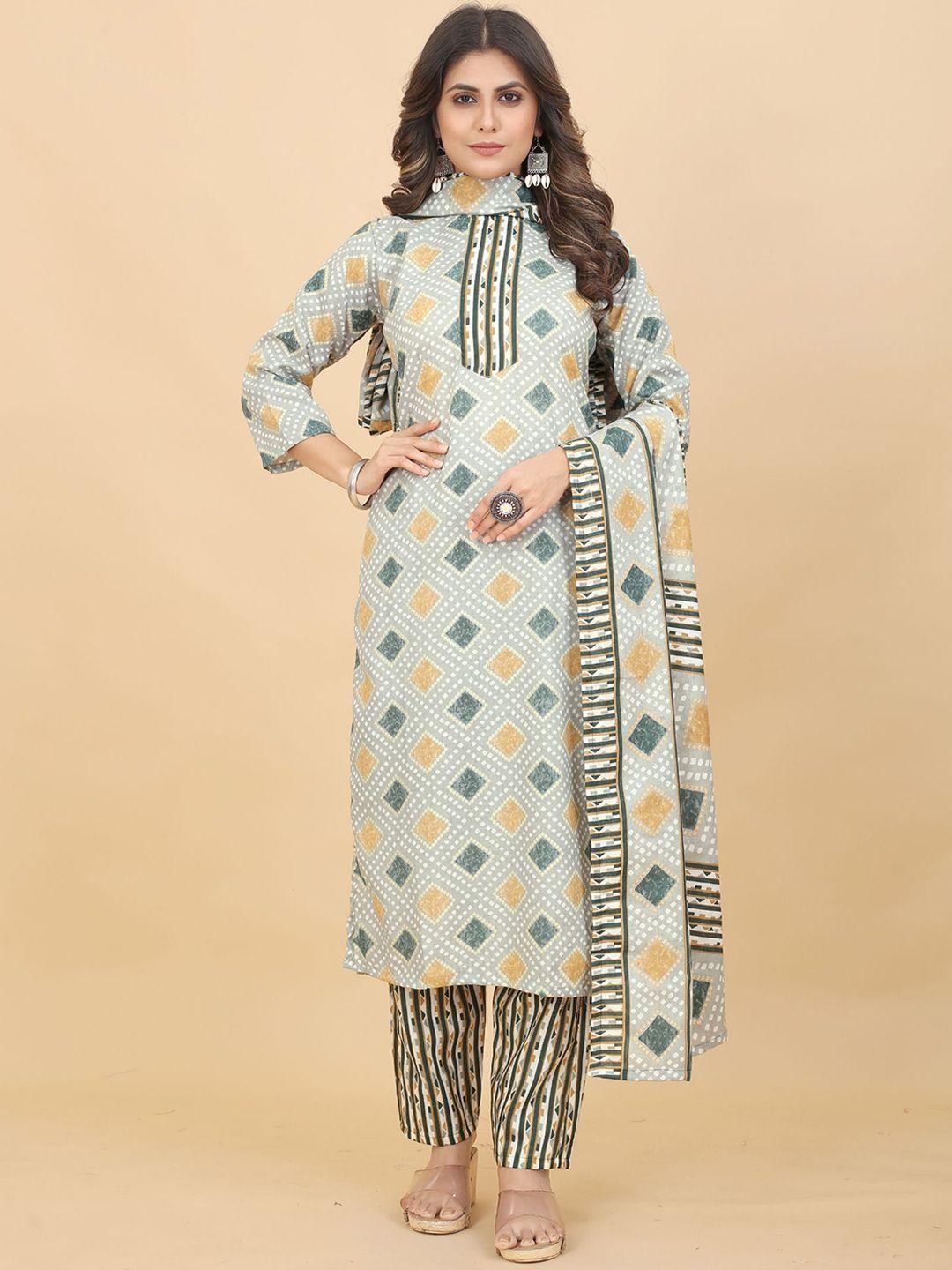 premroop- the style you love geometric print round neck straight kurta set with dupatta