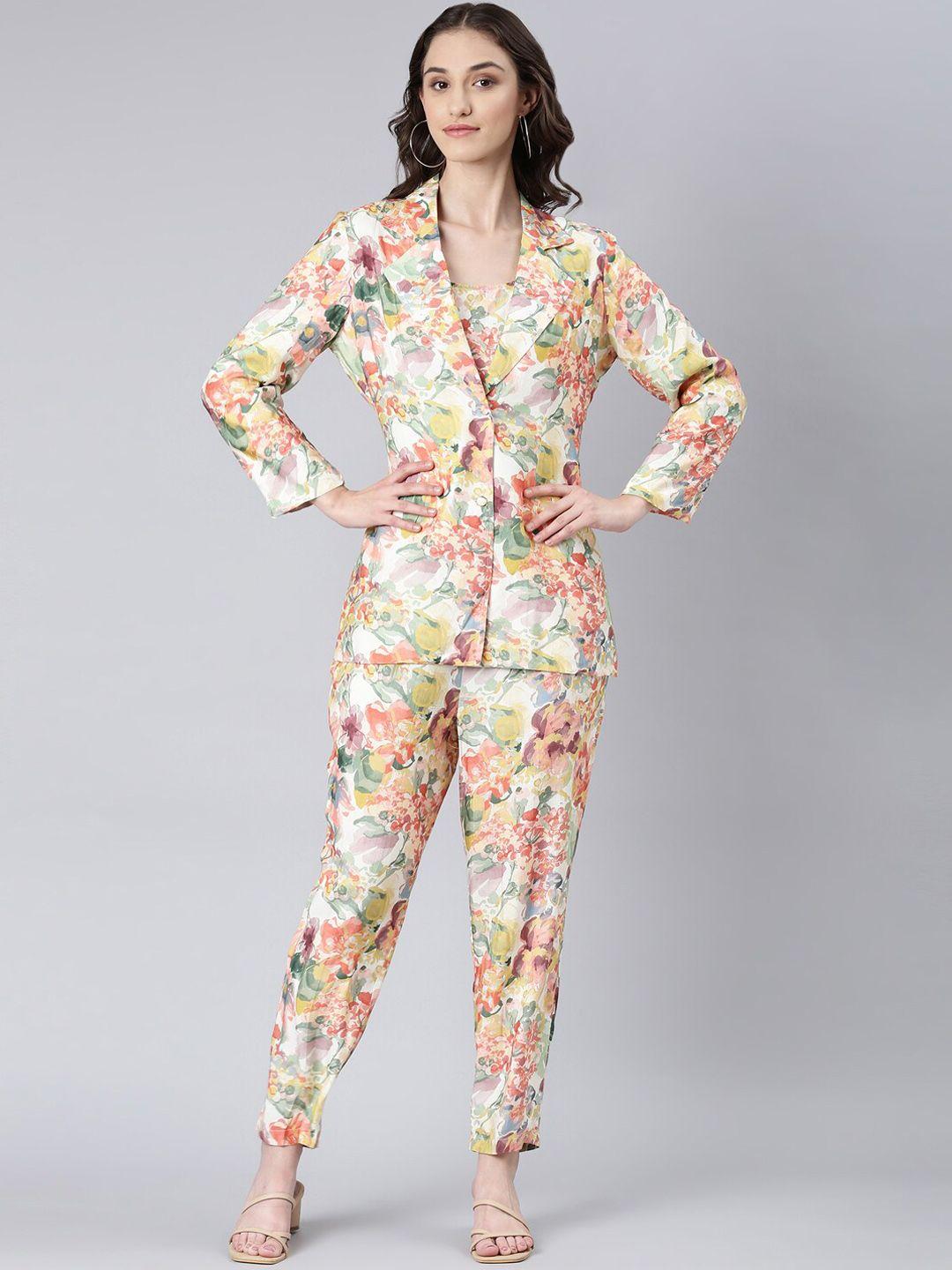 showoff printed top & notched lapel blazer with trouser