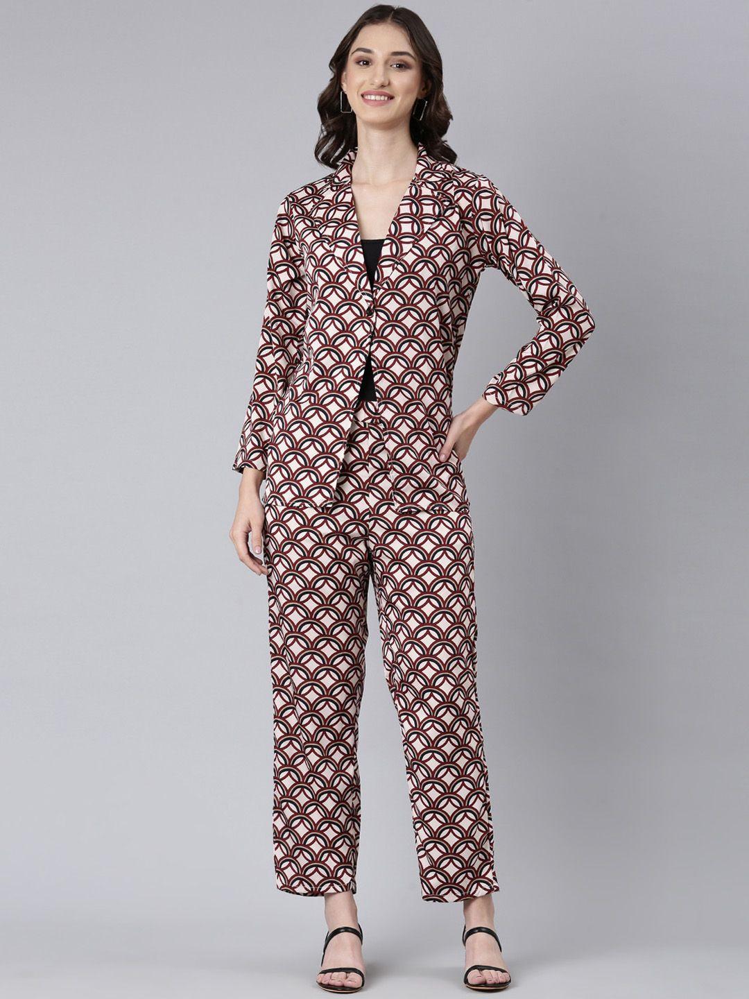 showoff geometric printed top with printed trousers & jacket