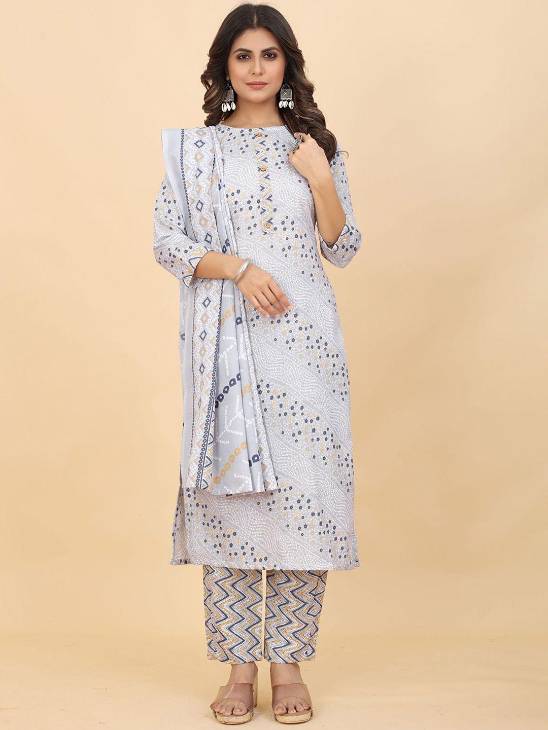 premroop- the style you love bandhani printed boat neck straight kurta set with dupatta