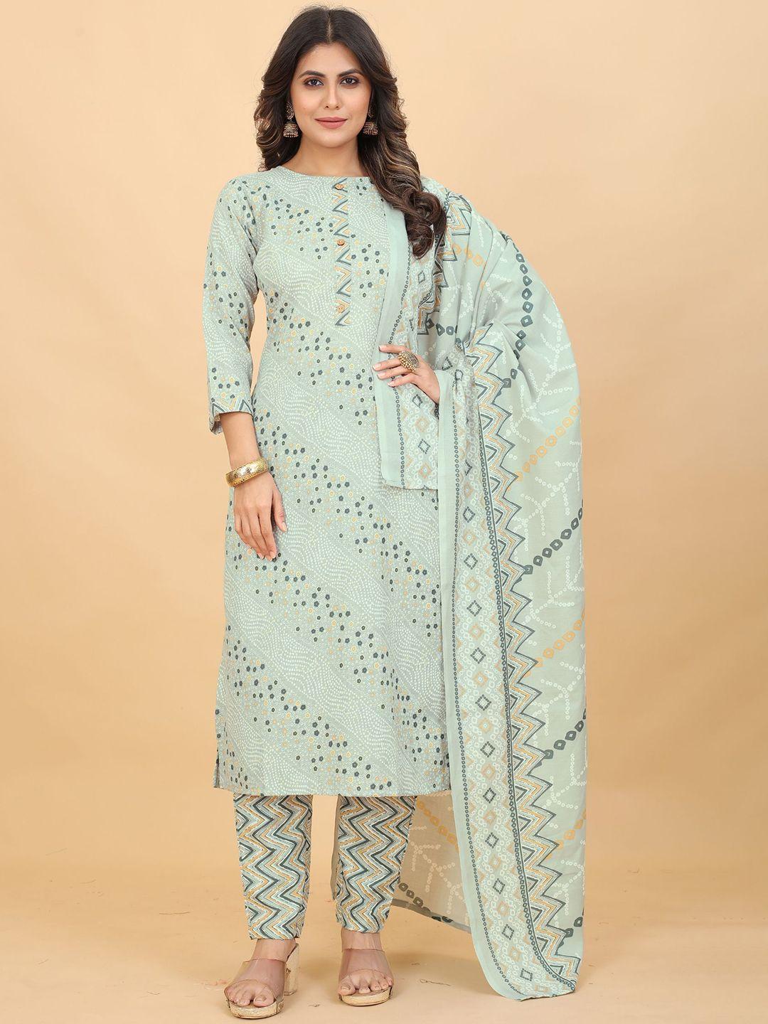 premroop- the style you love bandhani printed boat neck straight kurta sets with dupatta