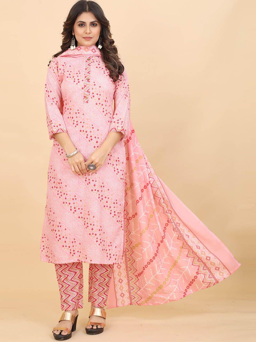 premroop- the style you love bandhani printed boat neck straight kurta set with dupatta