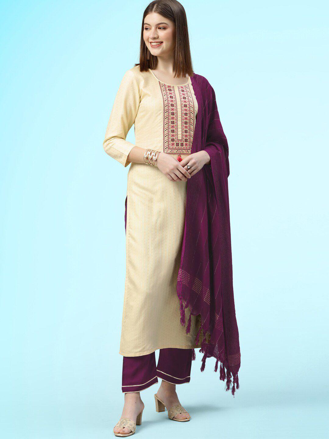 sangria ethnic motifs yoke design thread work straight kurta with trouser & dupatta