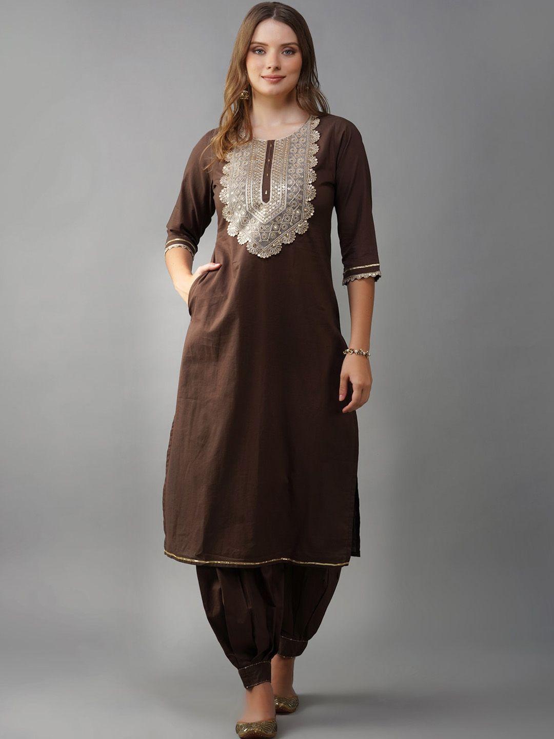 metro-fashion ethnic motifs yoke design sequinned pure cotton kurta with salwar