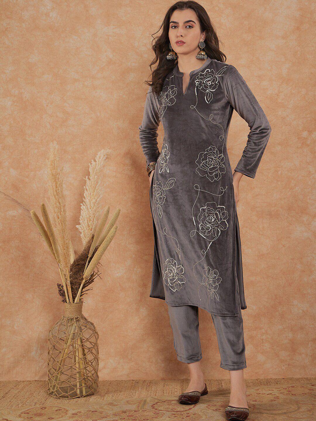 sangria floral embroidered mandarin collar velvet straight kurta with trouser