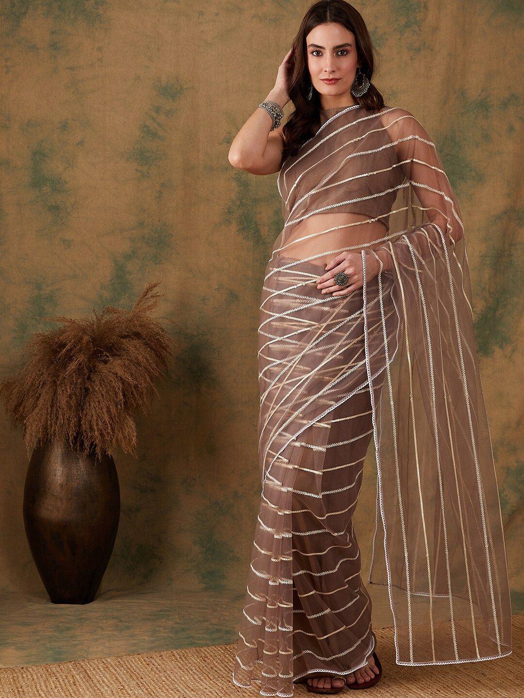 sangria striped embellished sequinned net saree