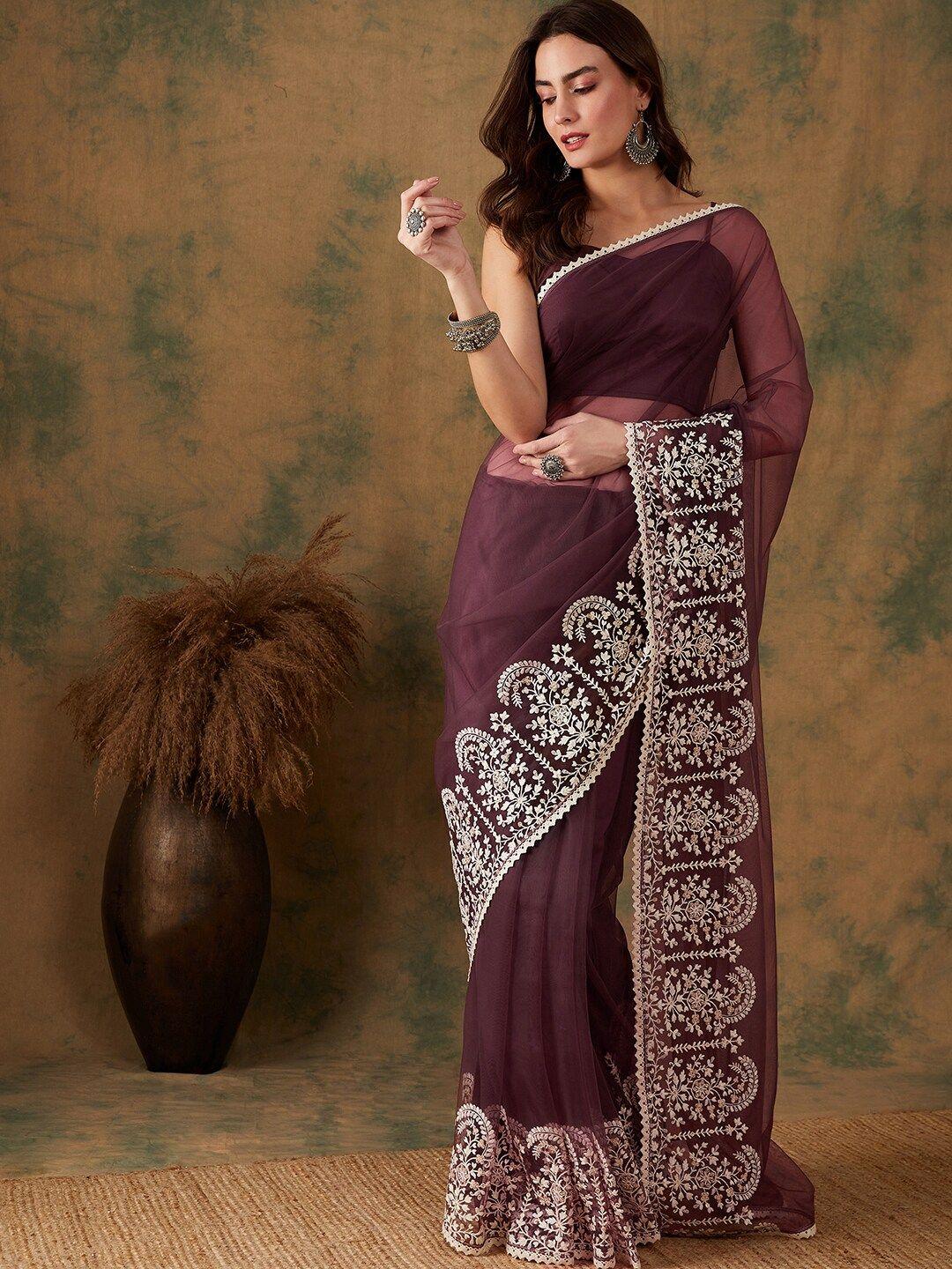 sangria floral embroidered border saree