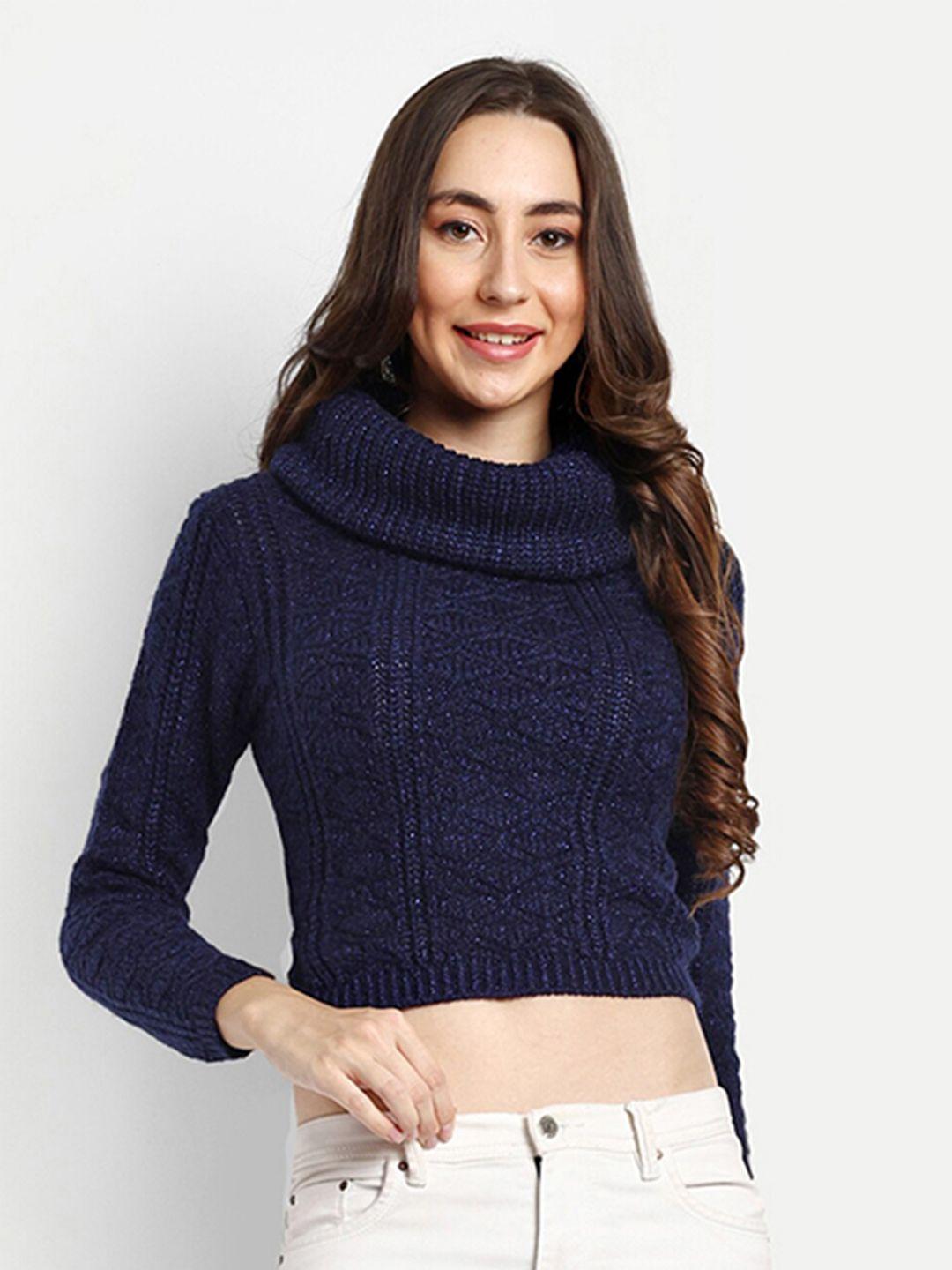 creative line navy blue puff sleeve woollen blouson crop top