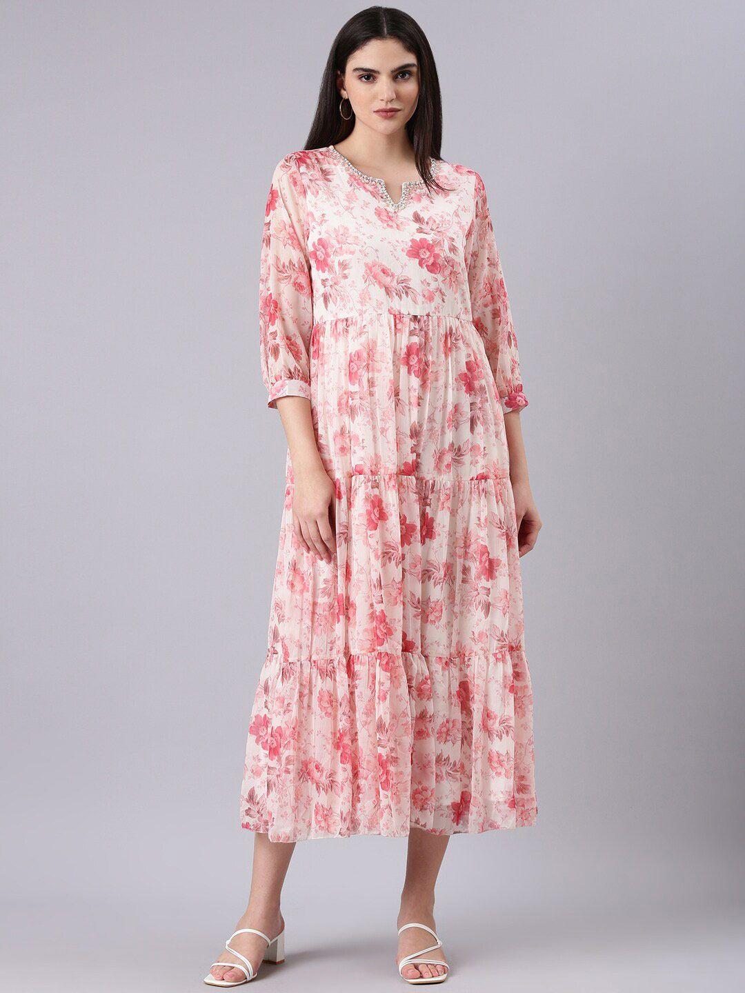 showoff floral printed chiffon fit and flare midi dress