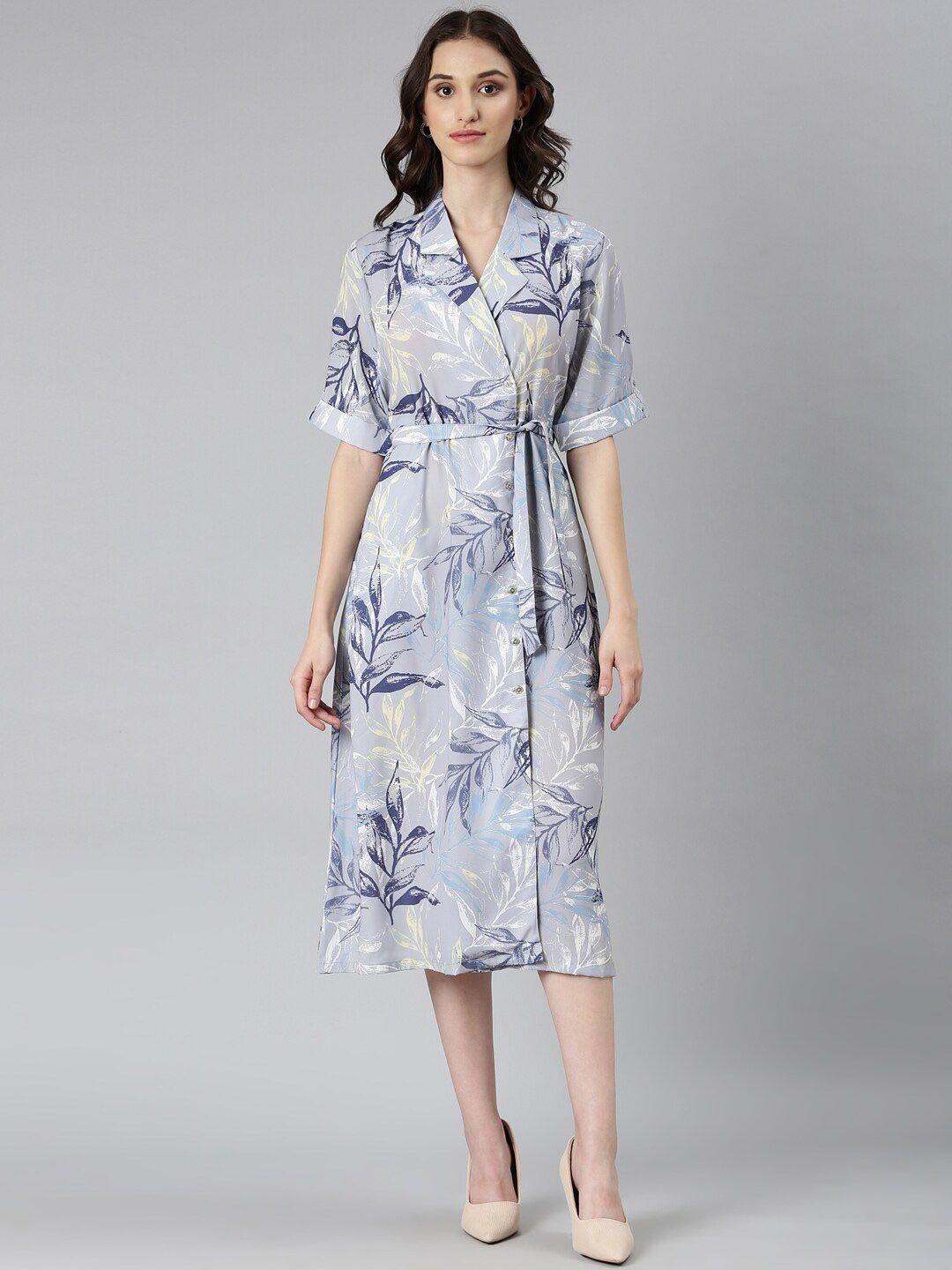 showoff tropical printed shirt collar tie-ups detail wrap midi dress