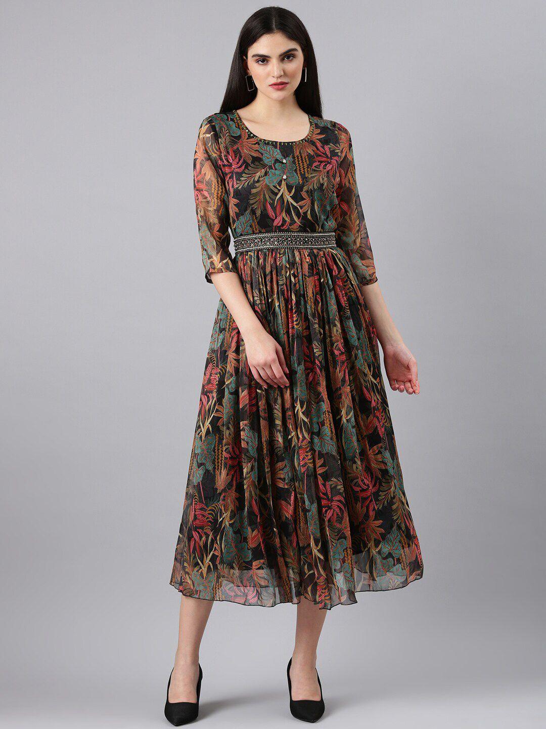 showoff floral printed chiffon fit & flare belted midi dress